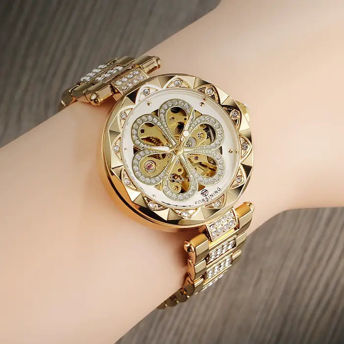 Forsining montre squelette pour femmes mode classiques diamant montres mécaniques automatiques aiguilles lumineuses bracelet en acier inoxydable