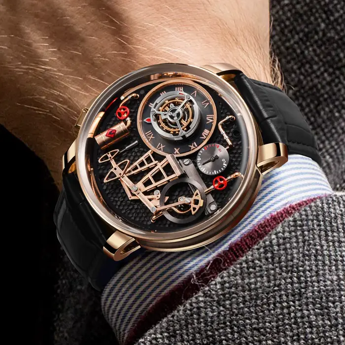 Montre PINDU à Quartz avec Pompe à Huile, Boîtier en Acier Inoxydable, Bracelet en Cuir, Étanche, Affichage Chiffre Romains, Occasions Spéciales pour Homme