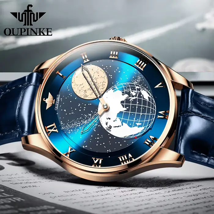 Montre mécanique de luxe OUPINKE avec cadran rotatif 3D Earth Starry Star résistante à l'eau pour homme occasions spéciales romantique et robuste