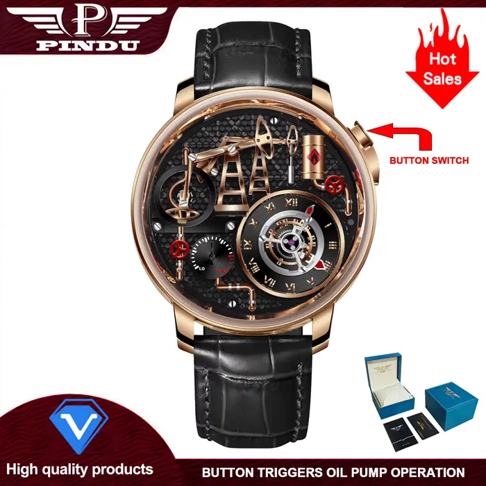 Montre à quartz PINDU avec pompe à huile à bouton, pour homme, mouvement suisse 762, saphir, étanche
