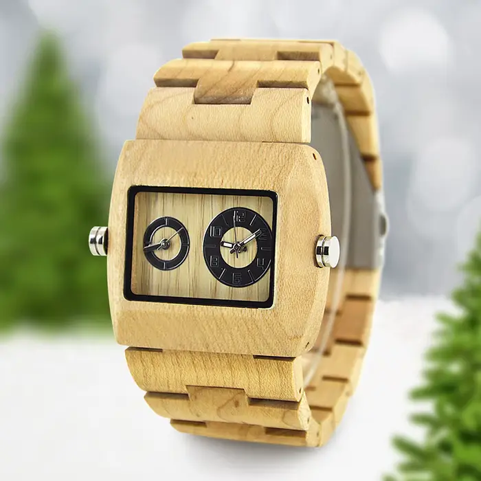 Montre Bracelet Homme en Bois Cadran Carré Rectangulaire Double Affichage Heure Quartz Style Professionnel Décontracté