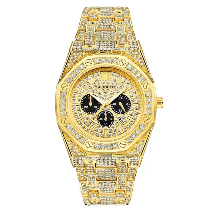 Montre CURDDEN dorée à quartz avec calendrier complet pour homme style hip-hop audacieux et élégance moderne