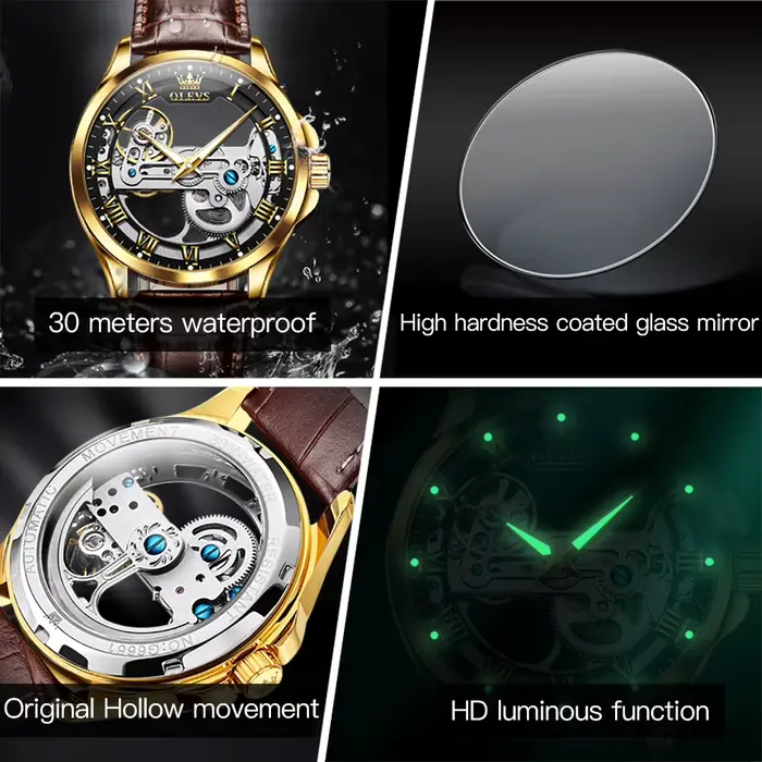OLEVS Couple montres Original entièrement Transparent squelette automatique