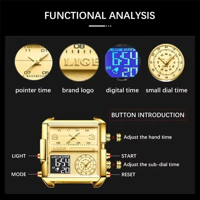 LIGE – montre à Quartz dorée pour hommes