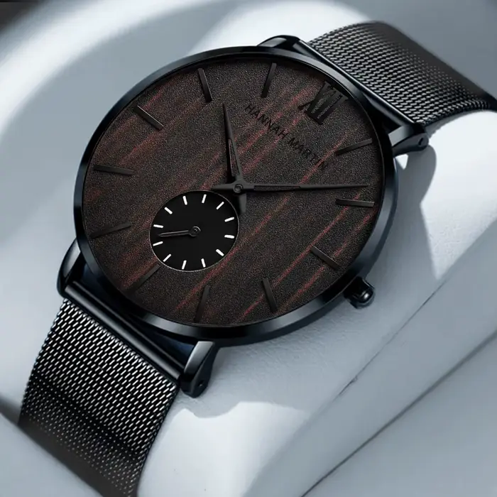 Montre-bracelet en acier inoxydable et bois pour homme, avec cadran en bois, résistance à l'eau 3ATM, mouvement à quartz, bracelet en maille, style fashion et casual, fermoir pliant sécurisé