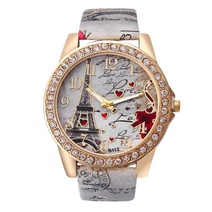 Montre à quartz en cuir PU pour femmes, tendance, tour Eiffel, strass