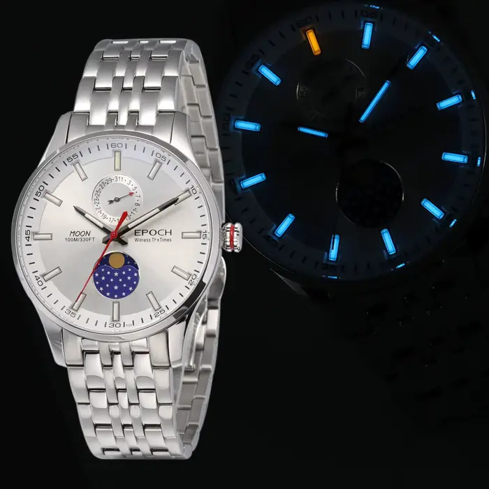 EPOCH hommes montre à Quartz lumineux suisse Ronda mouvement Phase de lune WR100M saphir