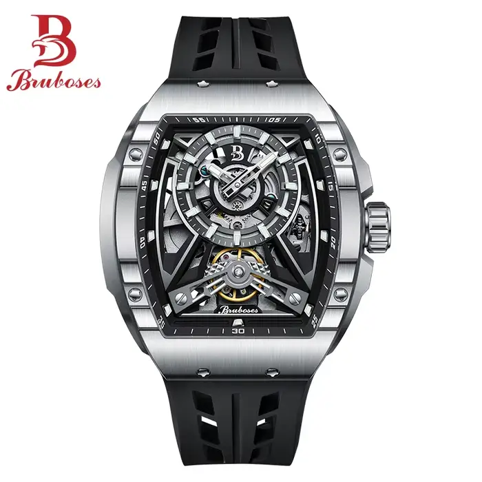 BRUBOSES-Montre à Remontage Mécanique pour Homme, Montre-Bracelet à Quartz Tonneau Shoous, 5 Iko, av