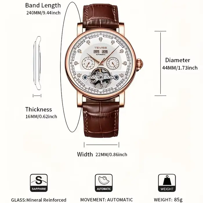 Montre mécanique automatique avec calendrier lumineux pour hommes, idéale pour voyages d'affaires, occasions décontractées, cadeau anniversaire, bracelet en cuir, mouvement automatique, résistance à l'eau 3 bars