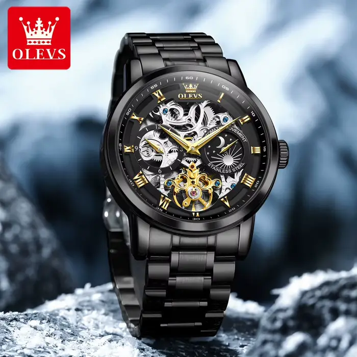 Montre OLEVS 6670 Squelette Luxe Mécanique Phase de Lune Acier Inoxydable Pour Hommes Occasions Spéciales