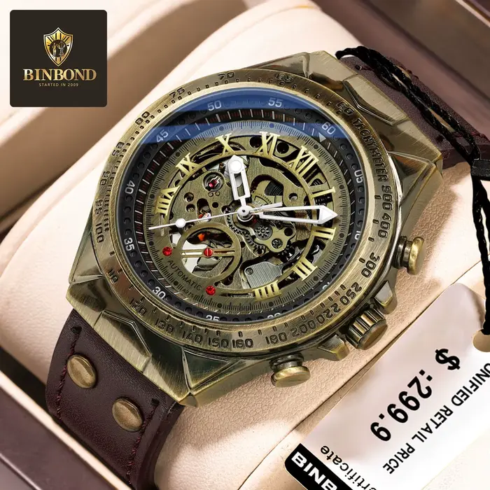 Binbond hommes montre mécanique mâle décontracté Bronze Style rétro automatique