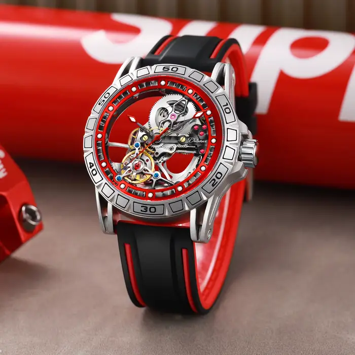Dulunwe montre mécanique pour hommes 46MM fenêtre cadran creux remontage automatique mode rouge sport 30M