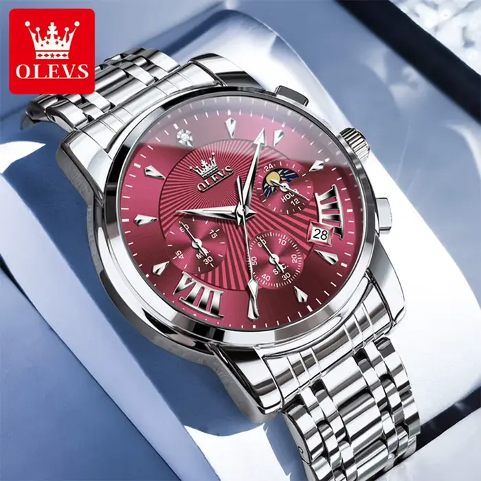 OLEVS marque mode montre rouge pour hommes de luxe Sport étanche en acier inoxydable chronographe montres à Quartz