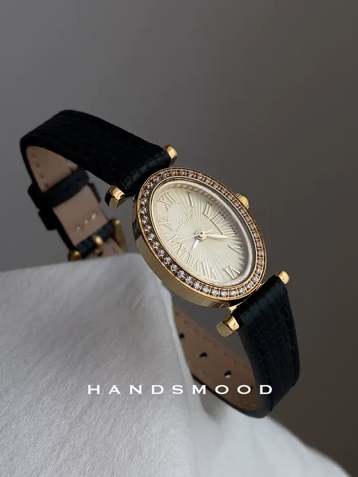 Montre en or noir haut de gamme ovale mode luxe design exquis haute qualité montre à quartz en cuir 