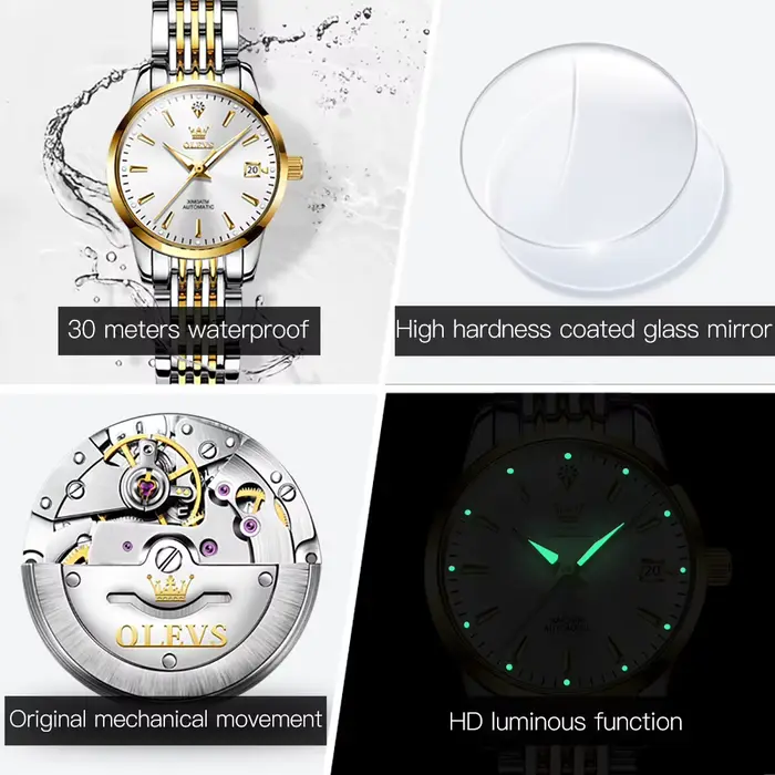 Montre femme automatique Olevs 6635 élégante avec bracelet acier inoxydable et mouvement mécanique pour diverses occasions