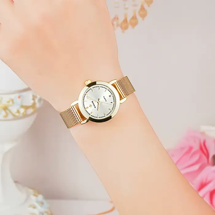 WWOOR-Montre de luxe à quartz pour femmes, étanche, simple, maille dorée