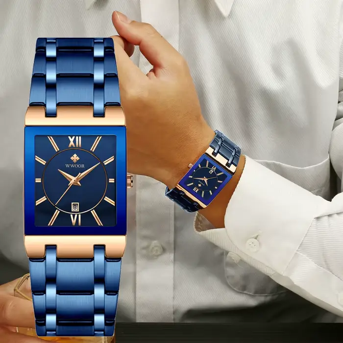 Montre carrée homme en acier inoxydable avec mouvement quartz doré résistante à l'eau pour toutes les occasions