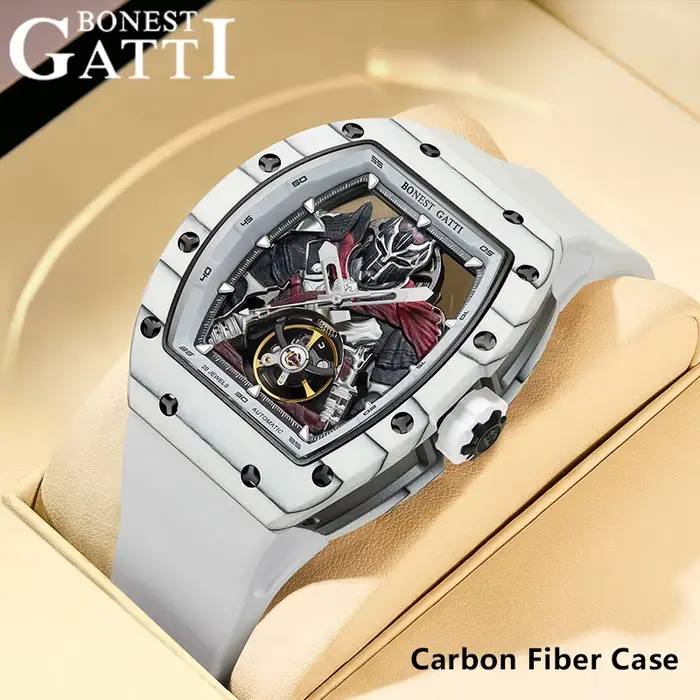 BONEST GATTI montre mécanique automatique en Fiber de carbone pour hommes étanche squelette