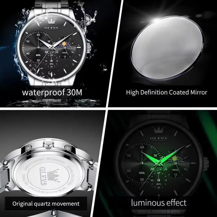OLEVS montres pour hommes Top marque affaires mode acier fin marque originale montre-bracelet à Quartz pour homme Phase de lune chronographe grand