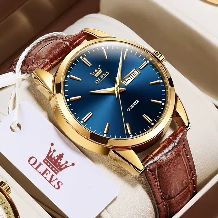 Montre homme OLEVS 6898 en acier inoxydable avec bracelet en cuir résistant à l'eau pour occasions formelles et décontractées