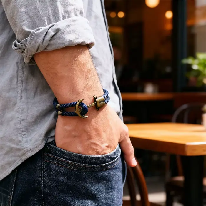 Bracelet Ancre Nautique pour Hommes Corde en Coton et Alliage de Zinc Décontracté Sportif Occasions Spéciales Pratique à Porter