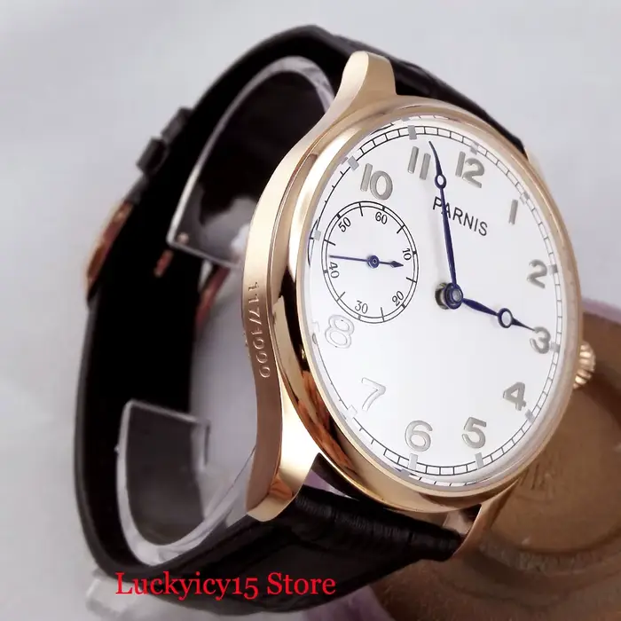 Montre-bracelet Parnis or rose à remontage manuel avec cadran blanc pour homme occasions spéciales et cadeaux élégants