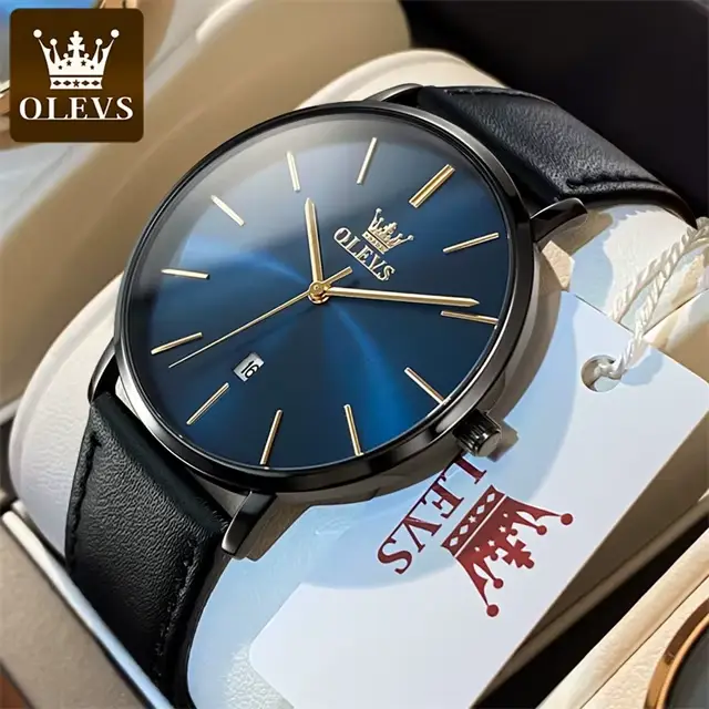 Montre homme OLEVS ultra-mince quartz avec bracelet en cuir pour occasions spéciales et tous les jours