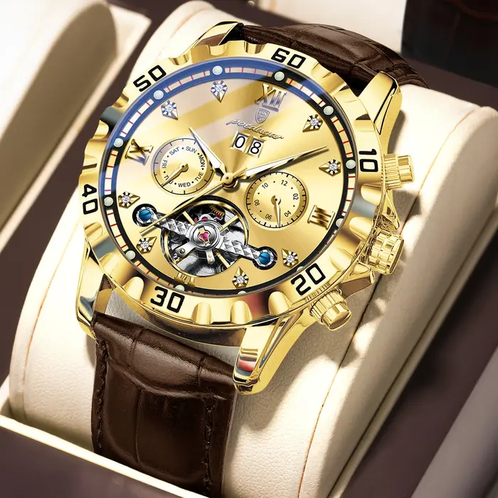 POEDAGAR Top luxe hommes montres Original mécanique en cuir