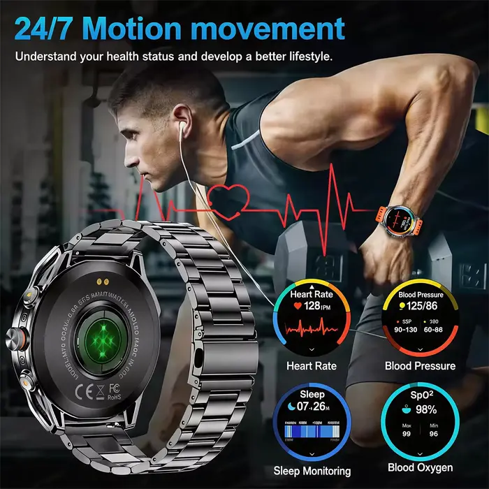 Montre connectée GPS avec écran AMOLED 1.75 pouces, plus de 100 modes sportifs, boussole, altimètre, baromètre, suivi de la santé, résistance à l'eau jusqu'à 100 mètres, autonomie de 7 à 10 jours