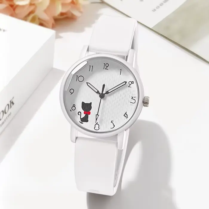 Montre pour femme, montre à quartz avec bracelet en silicone, thème chaton mignon, coloris gelée, st