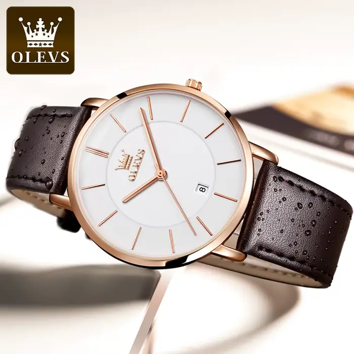 Montre homme OLEVS ultra-mince quartz avec bracelet en cuir pour occasions spéciales et tous les jours