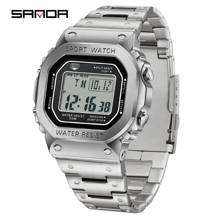 SANDA 2162 montre électronique pour hommes carré étanche multi fonctionnel montre-bracelet