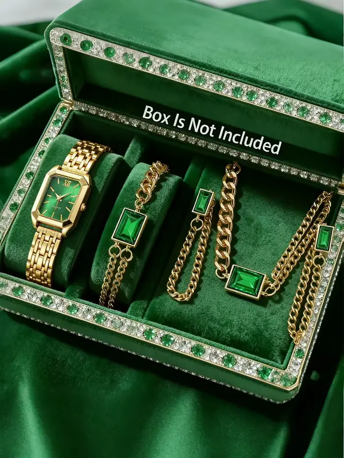 Montre carrée en quartz verte pour femme avec bracelet, collier et boucles d'oreilles – Ensemble pol