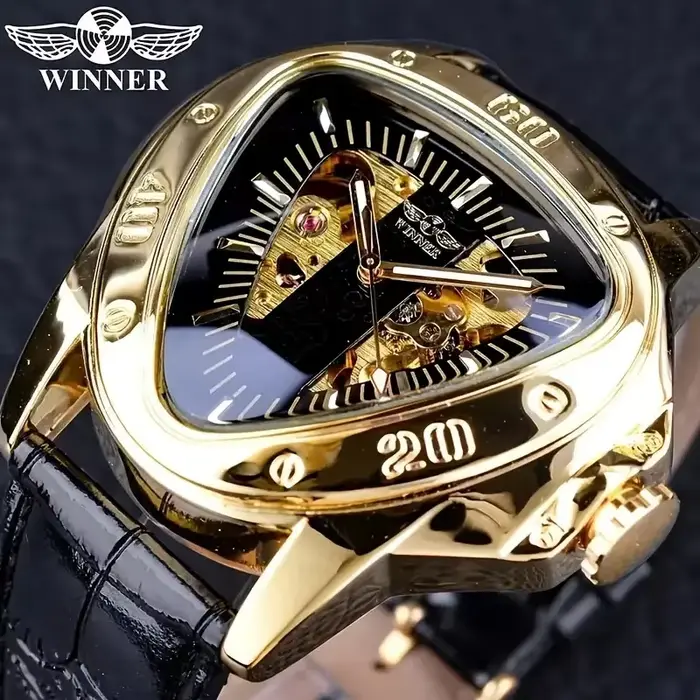 Montre pour homme squelette triangulaire dorée, montre mécanique avec gravure creuse, style sportif,
