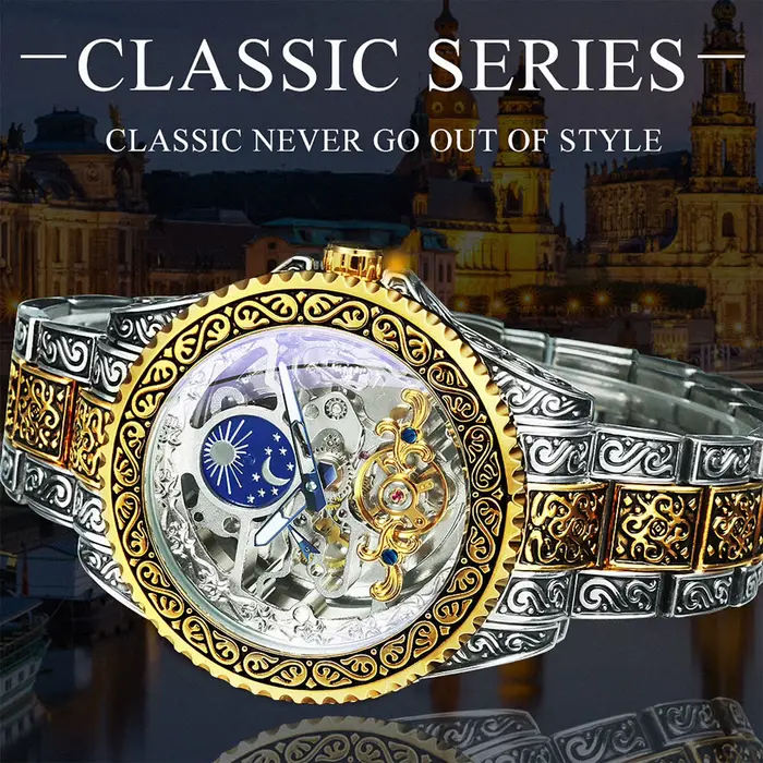 WINNER luxe Phase de lune Tourbillon squelette montres mécaniques or gravé automatique hommes montre bracelet en acier inoxydable lumineux