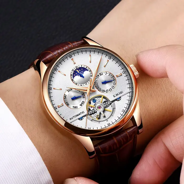 2025 LIGE hommes montres automatique mécanique montre Tourbillon Sport horloge en cuir décontracté affaires rétro montre-bracelet Relojes Hombre
