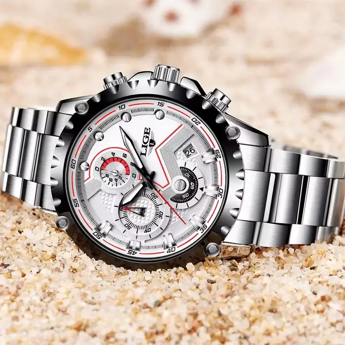 Montre Hommes LIGE Argent Acier Inoxydable Chronographe Résistante à l'Eau Occasions Spéciales