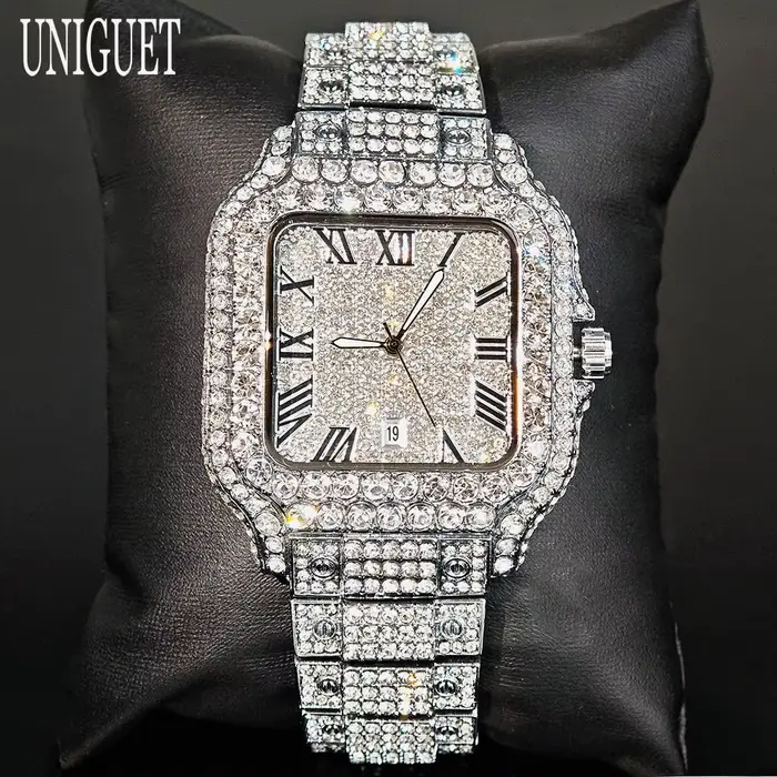 Montre de luxe carrée en acier inoxydable avec affichage lumineux et date automatique pour hommes mode Hip Hop occassions spéciales