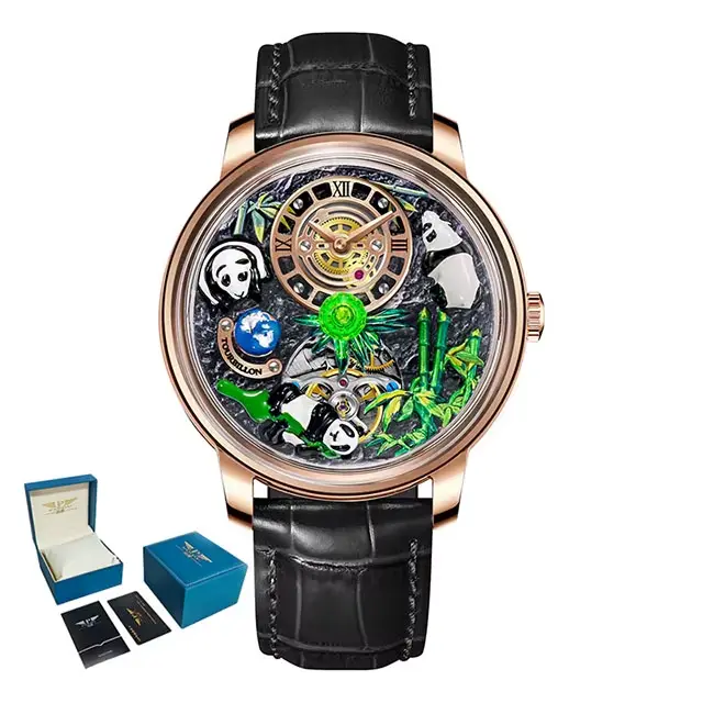 Pindu luxe et élégant personnalisé étanche cadran panda entièrement automatique mécanique montre pou