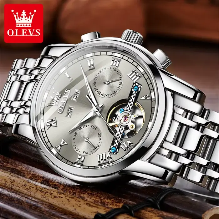 OLEVS 6607 montres entièrement automatiques en acier inoxydable squelette volant double calendrier haut de gamme marque montre-bracelet mécanique pour hommes