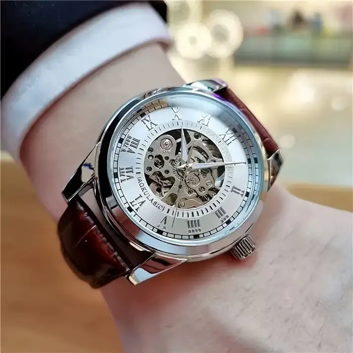 Montre mécanique automatique élégante pour homme avec design squelette - Bracelet en cuir