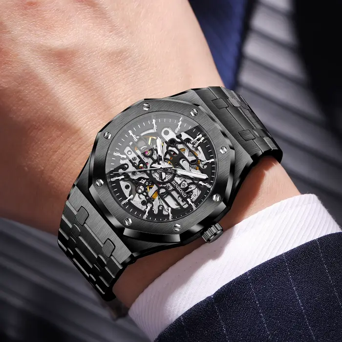 Montres mécaniques BINBOND squelette tourbillon résistantes à l'eau pour homme occasions spéciales style luxueux fournissons quatre couleurs différentes de bracelets