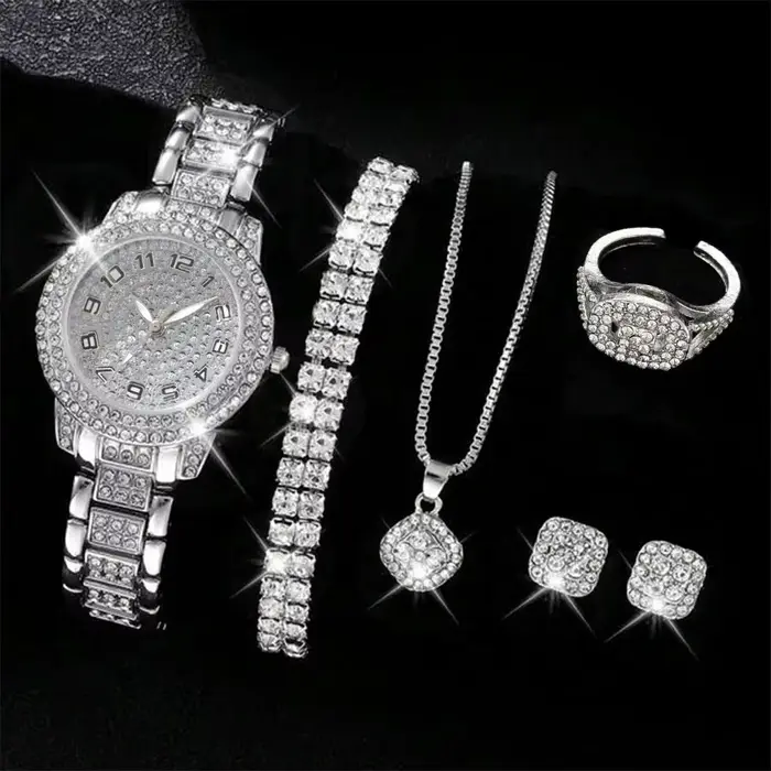 6PCS femmes montre de luxe élégant alliage montre-bracelet en cristal pour dames cadeau