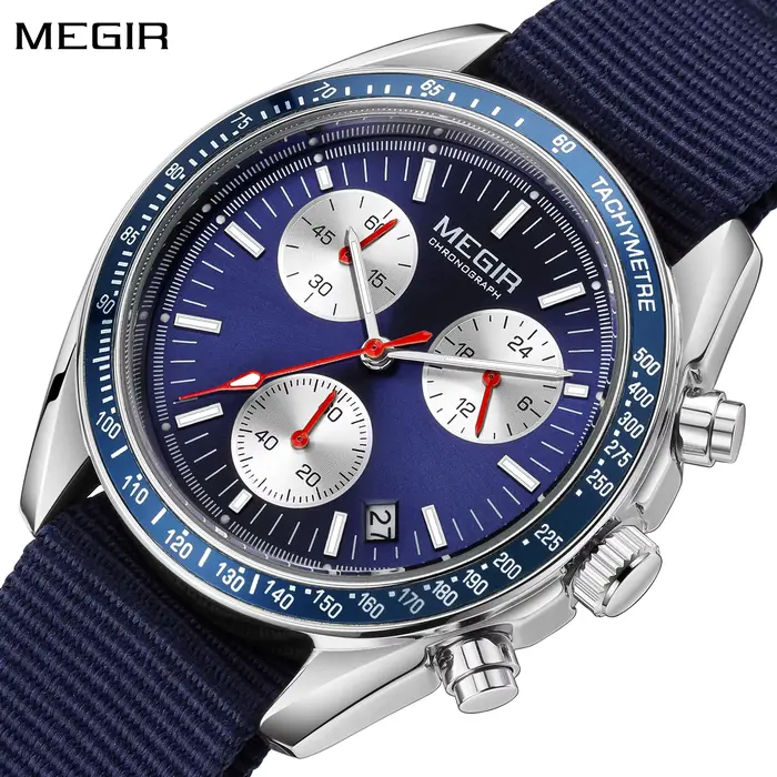 Montre MEGIR Quartz Luxe Hommes Bracelet Toile Bleue Sport Chronographe Lumineux Étanche Occasions Spéciales