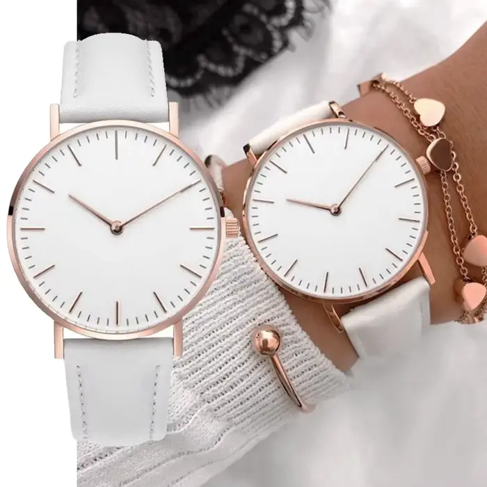 Montre élégante en cuir pour femme rose et blanche simple et décontractée pour occasions spéciales et quotidienne