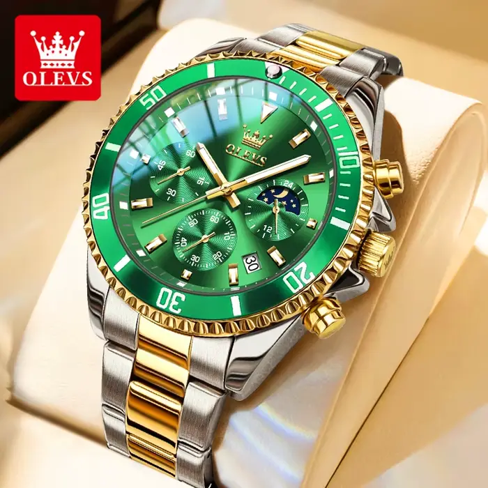 OLEVS 2870 montres pour hommes phase de lune calendrier en acier chronographe montre à Quartz originale grand cadran