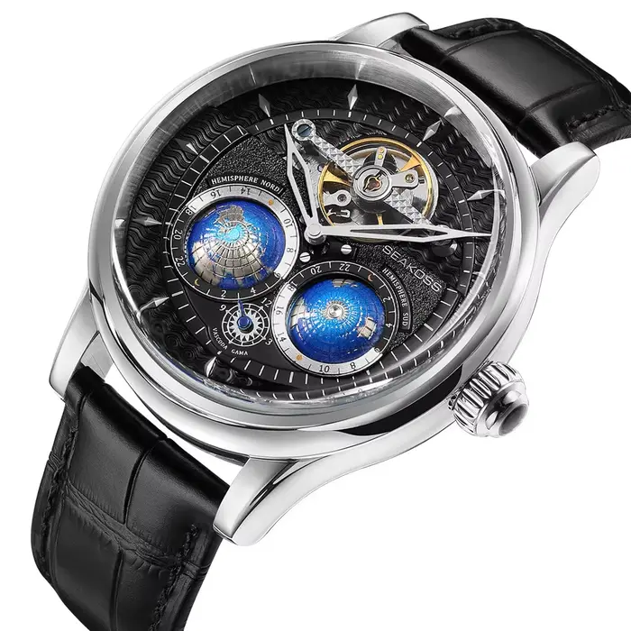    SEAKOSS 47mm hommes montres mécaniques automatiques Double terre heure mondiale verre saphir rot
