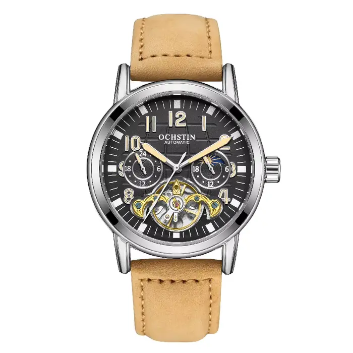 Montre Homme OCHSTIN Tourbillon GMT Automatique Mécanique Squelette Double Fuseau Horaire 24H AM/PM Indicateur Lumineux Bracelet Cuir Luxe Habillé