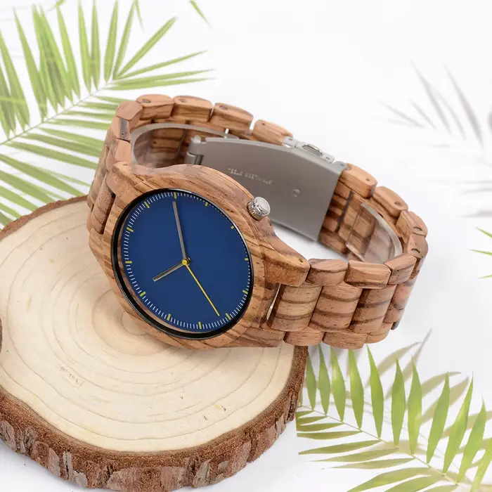 Montre bracelet à quartz en bois naturel rond double affichage pour homme et femme