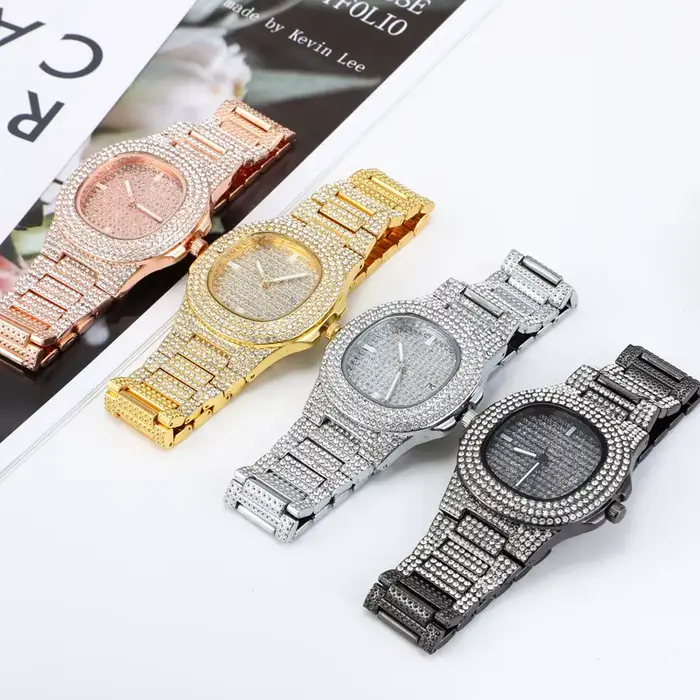 Montre-bracelet en or et argent glacé pour femme diamant carré quartz horloge romaine cadeau occasion spéciale bronze café multicolore rose
